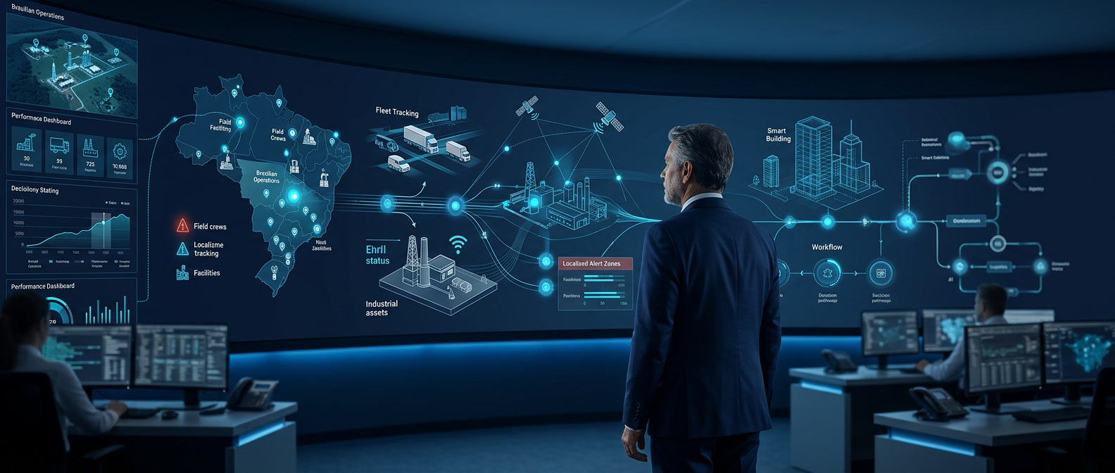 Líder executivo visualizando uma operação integrada por IoT, dados e inteligência artificial