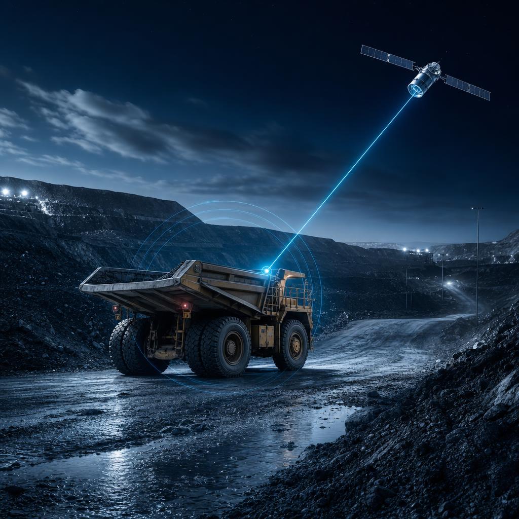 Caminhão de mineração conectado por sinal satelital em uma operação remota