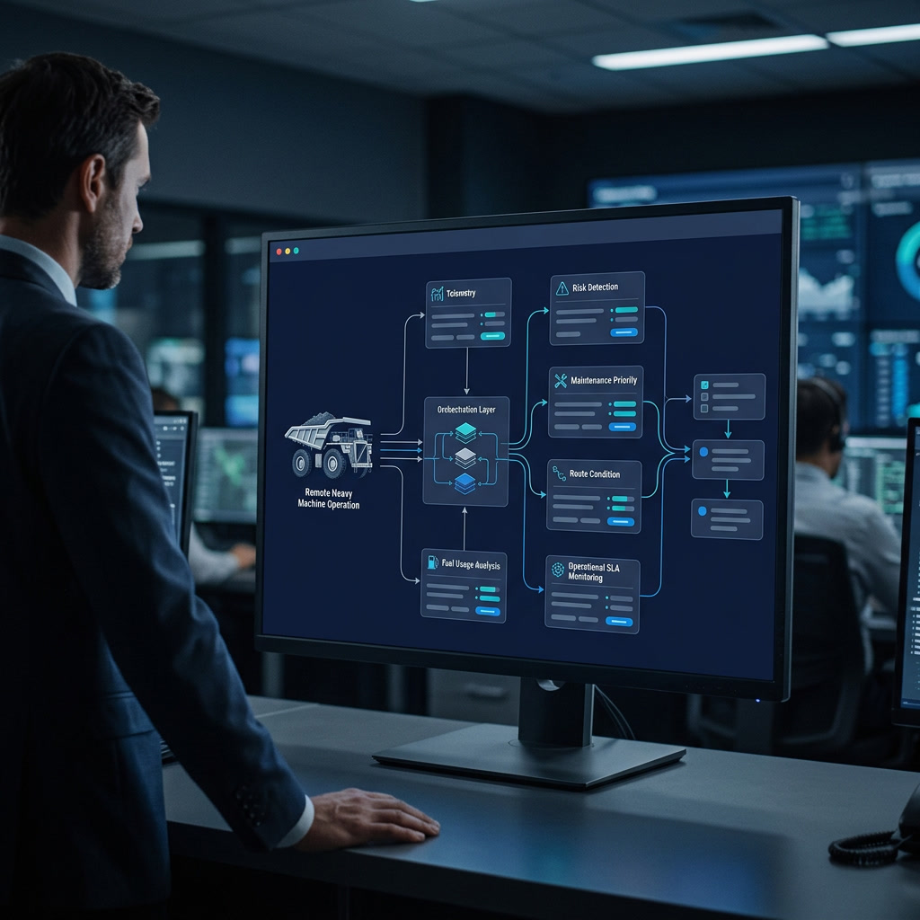 Especialista analisando uma plataforma de orquestração com IA para operação de máquinas pesadas