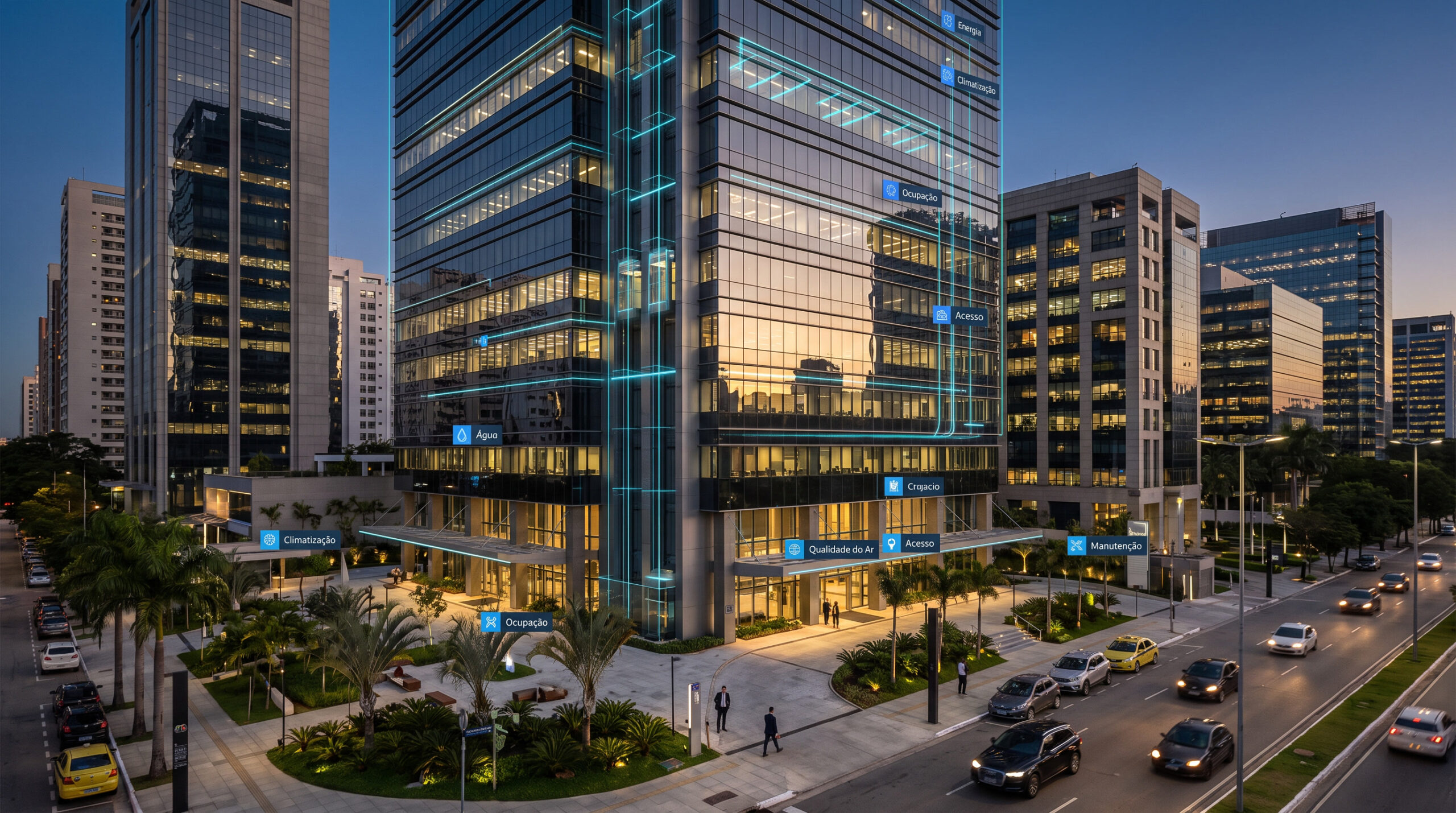Edifício corporativo inteligente com sistemas integrados de facilities