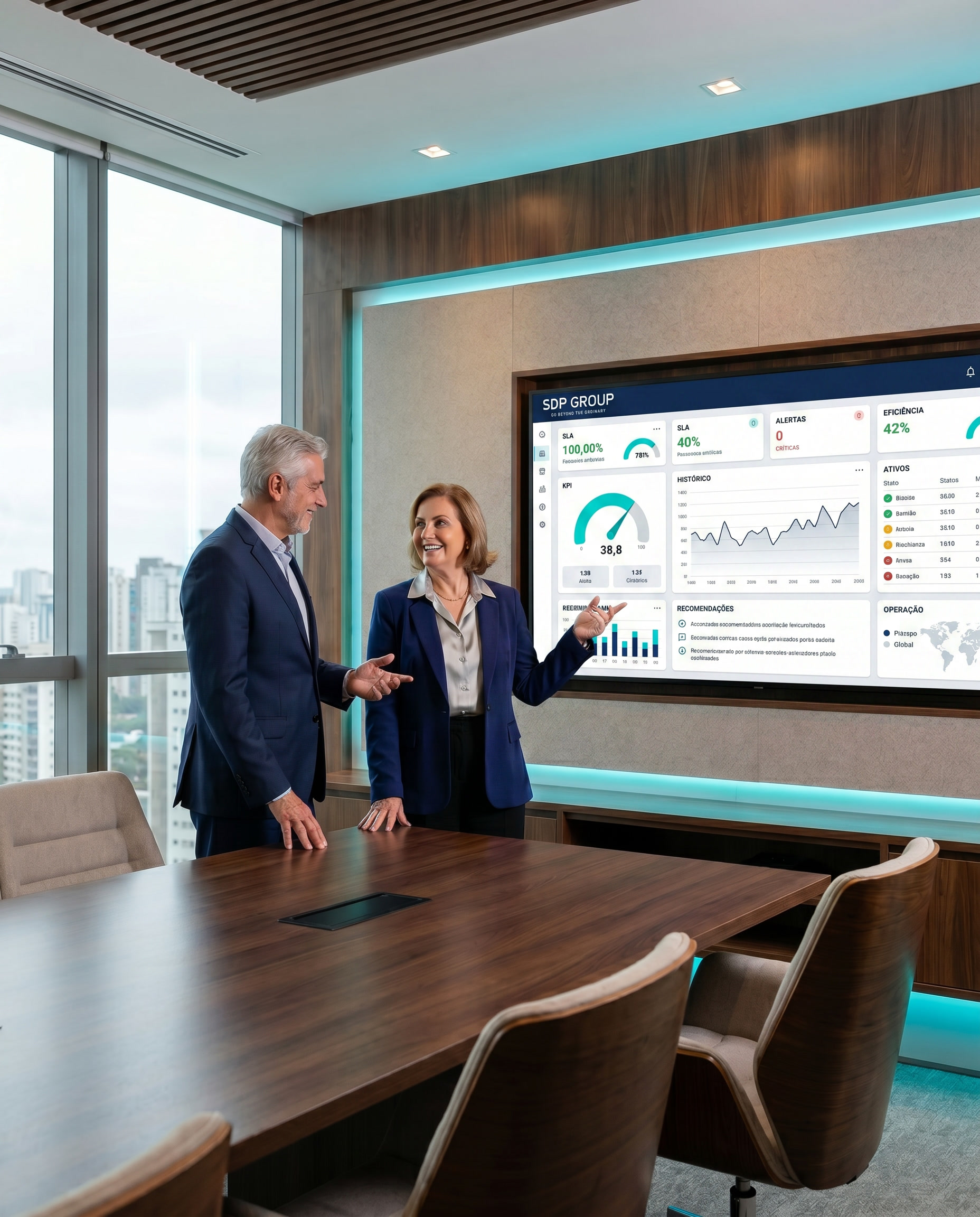 Executivos analisando dashboard de inteligência operacional do SDP Group em uma sala de decisão