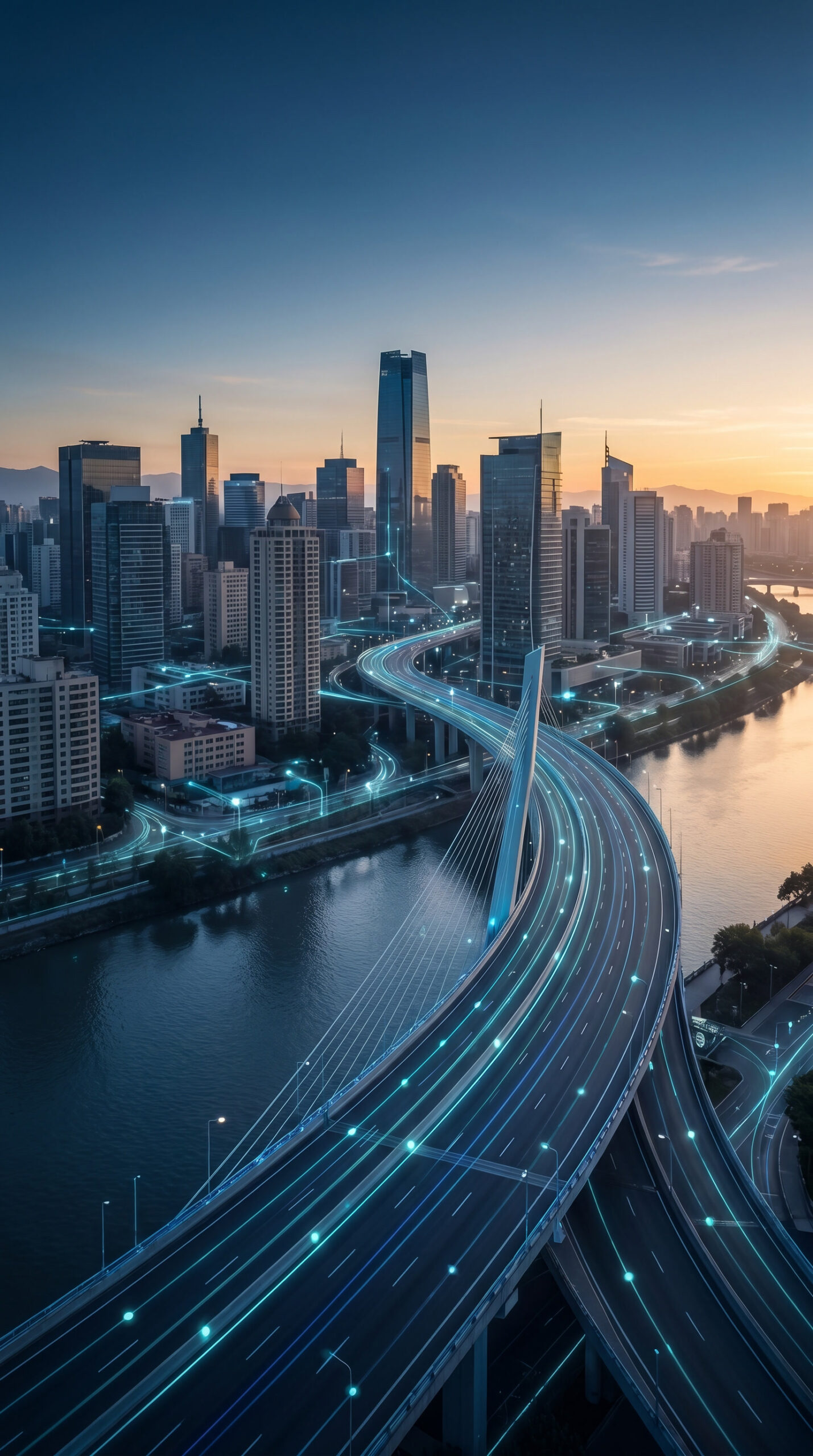Cidade conectada por uma malha de dados, representando a integração entre o mundo físico e digital